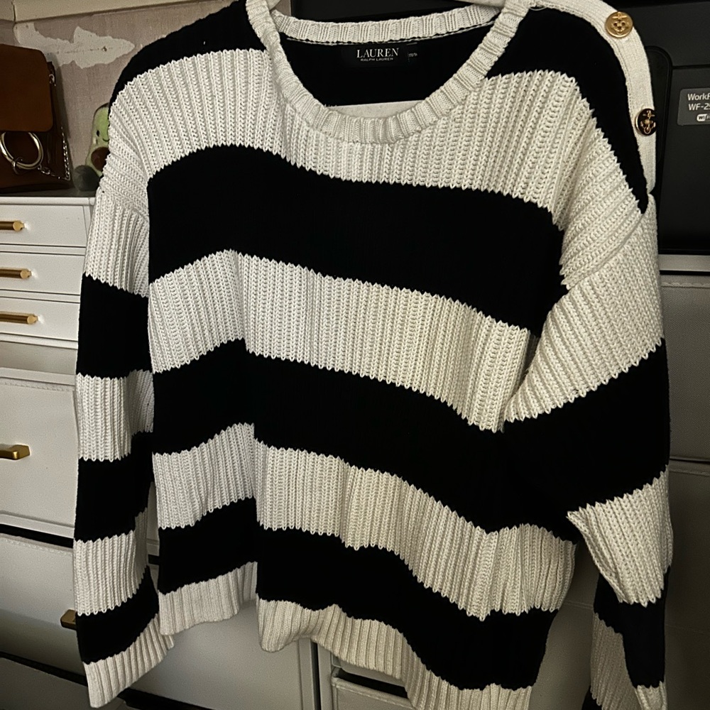 Ralph Lauren Black and White Striped Crew Neck Sweater